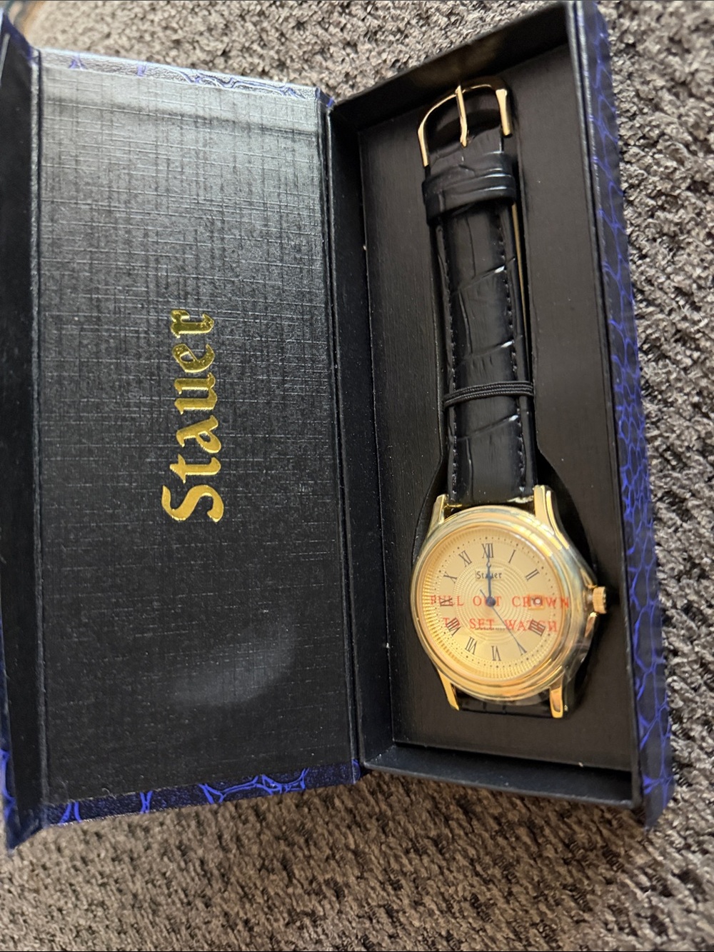 Stauer Men's Gold Case Black Leather Strap Dress Watch